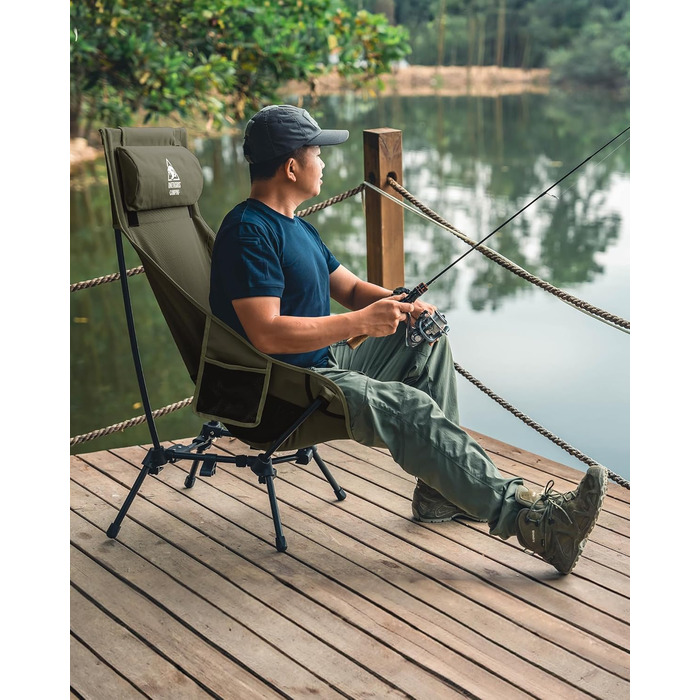 Крісло для кемпінгу OneTigris DRAGONHIDE, висока спинка, складне, вантажопідйомність 125 кг, легке складне кемпінгове крісло, складне рибальське крісло з 2 боковими кишенями, надлегке складне крісло для використання на свіжому повітрі, походи, колір Range