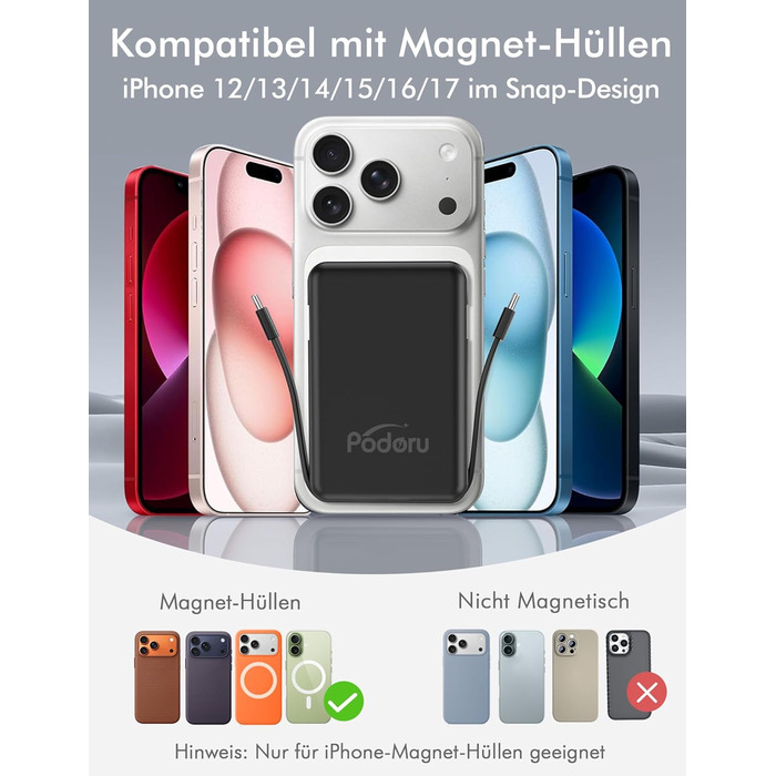 Бездротовий зовнішній зарядний пристрій Podoru для Magsafe, магнітний ємністю 10000 мАг з кабелем USB-C, швидка зарядка PD 20 Вт зі світлодіодним дисплеєм, бездротовий акумулятор для iPhone 17/16/15/14/13/12 усіх серій (чорний)