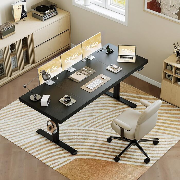 Стіл OffiGo з регульованою висотою 180x70 см, стільниця 35 мм, електричний стіл з розеткою, стіл для роботи стоячи з міцними Т-подібними ніжками, ідеальна ергономіка для офісу, ігор, чорний 180 x 70 см (35 мм)
