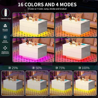 Журнальний столик з регульованою висотою та 4 шухлядами, глянцевий стіл для вітальні зі світлодіодним підсвічуванням, журнальний столик з місцем для зберігання, білий, 80x55x46 см