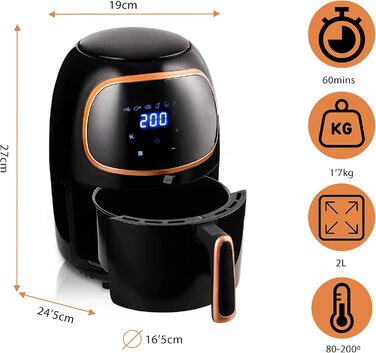 Фритюрниця, проста у використанні, 6 програм, антипригарне покриття, 1000 Вт, регульована температура до 200C, 2L -