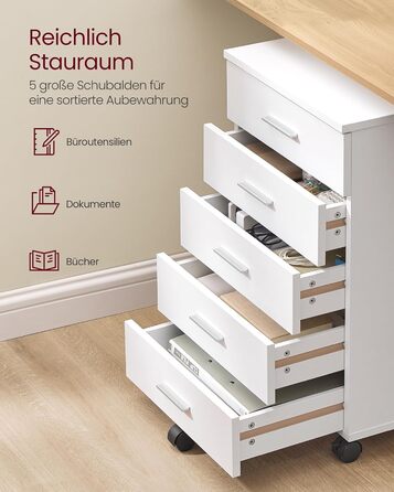 Контейнер на колесах, мобільна шафа для документів, шафа з шухлядами, підставка для принтера з 5 шухлядами, з безгвинтовими розсувними рейками, для офісу, домашнього офісу, хмарно-білий OFC081W01