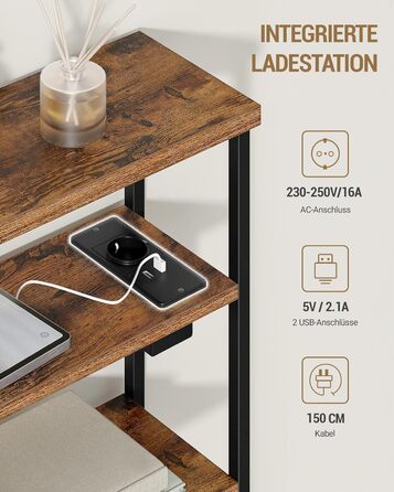 Вузький бічний столик Hzuaneri, 4-ярусний бічний столик для дивана з тримачем для журналів та зарядними розетками, підходить як тумбочка для вітальні або кабінету, вінтажний коричнево-чорний ET40001BEU