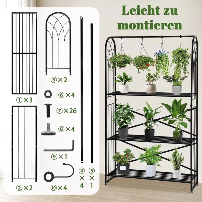 Рівнева підставка для квітів з регульованою висотою, металева підставка для квітів 130,5 см, чорного кольору для кількох рослин, підставка для квітів зі сходами, підставка для рослин, садова полиця для використання в приміщенні та на вулиці, вітальня, 3-