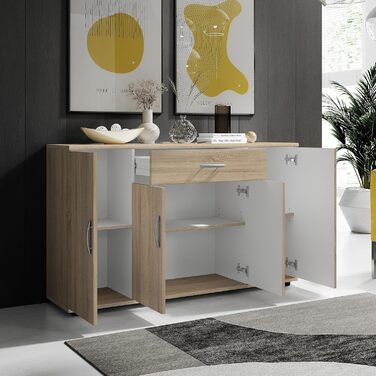 Комод Stella Trading LILLY з обробкою дуба Сонома - Сучасний буфет з великою кількістю місця для зберігання речей у вашій вітальні - 118 x 70 x 30 см (Ш/В/Г) 30Г x 118Ш x 70В см (1 шухляда) Дуб Сонома