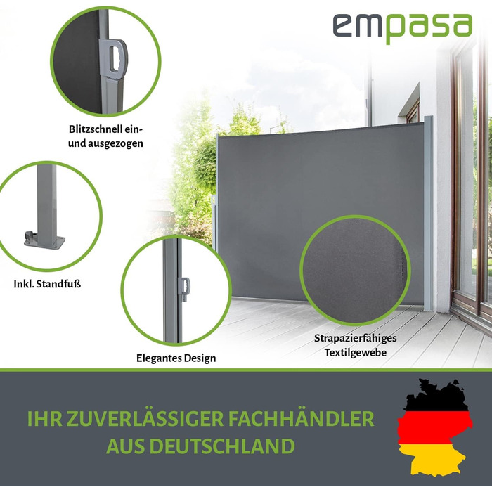 Бічний тент empasa Start 2.0, сонцезахисний екран, вітрозахисний, розсувний тент для саду, балкону та тераси, з підставкою, колір антрацит, розмір 160 x 450 мм