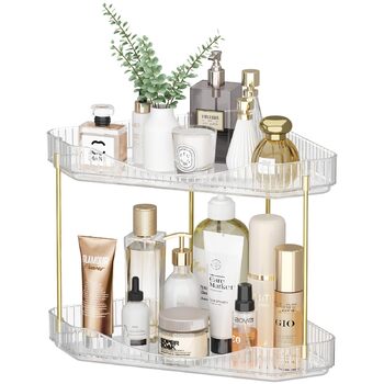 Органайзер для макіяжу Lifewit, органайзер для туалетного столика, міцна кутова багатофункціональна полиця для парфумів/засобів догляду за шкірою/гелю для душу у ванній кімнаті, кухні, спальні, прозорий, 2 рівні (25,4 см заввишки)