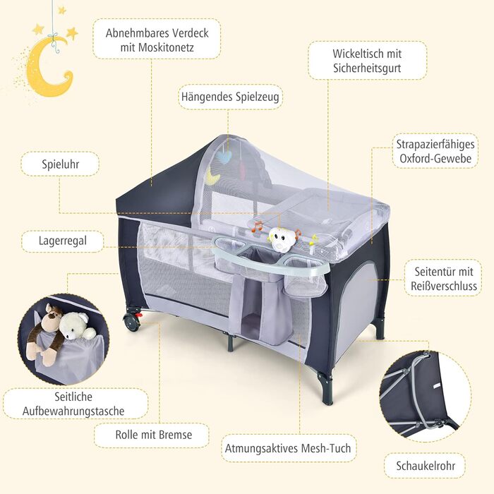 В 1 складне дорожнє ліжечко, люлька, пеленальний столик та манеж з функцією гойдання, в т.ч. музична шкатулка, ігрова дуга, пелена