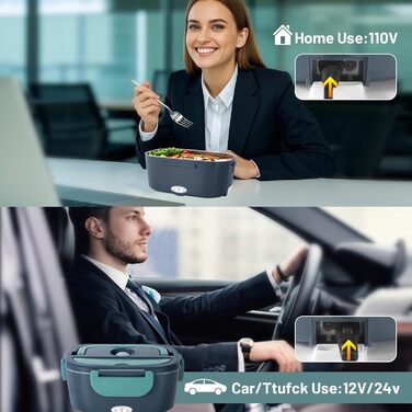 Електричний ланчбокс з підігрівом, портативний контейнер для їжі 1.5 л з нержавіючої сталі, герметичний. 3-в-1 для автомобіля (12V/24V), офісу (220V) та подорожей, з виделкою, ложкою та термосумкою (зелений)