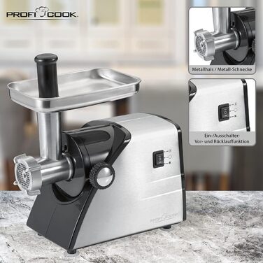 Електрична м'ясорубка Profi Cook PC-FW 1060, 1000 Вт, нержавіюча сталь, для м'яса, ковбас та кондитерських виробів, з насадками для ковбас, кеббе та 3 дисками з нержавіючої сталі