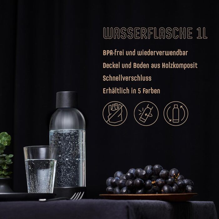 Багаторазова пляшка для води для виробника газованої води, пластик без бісфенолу А, з швидкознімним замком Quick-Lock, деталі з дерев'яного композиту, 2 x 1 л - чорний EU-2PB10-B