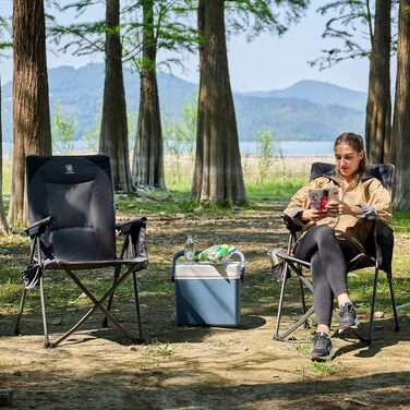 Складане кемпінгове крісло EVER ADVANCED, регульована спинка в 4 положеннях, вантажопідйомність 160 кг, розкладне кемпінгове крісло з бічною кишенею та тримачем для напоїв, рибальське крісло для кемпінгу, саду, балкону, сіре, 2 шт.