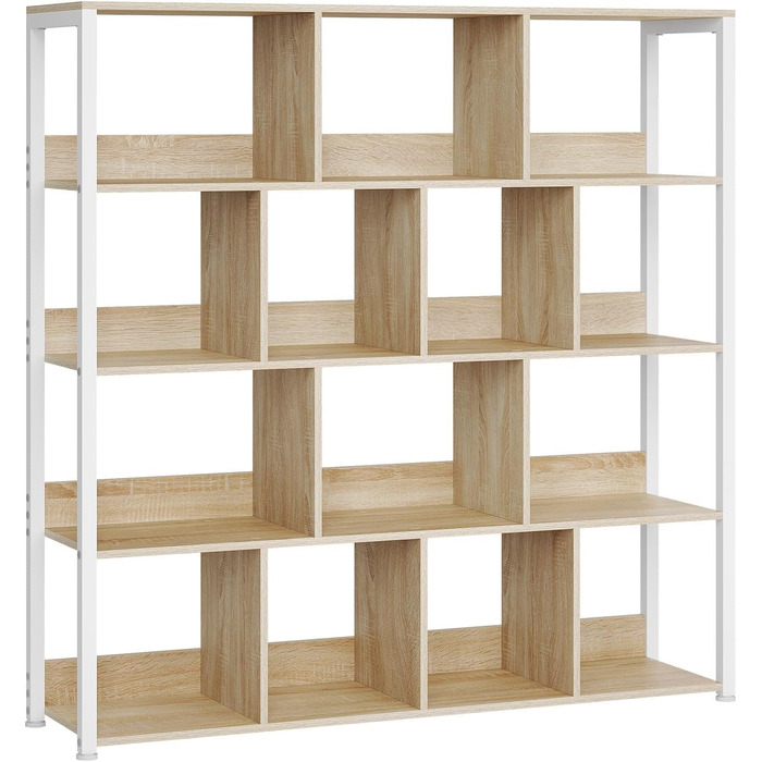Окремостояча полиця eSituro, 4-ярусна книжкова шафа, полиця для зберігання, кухонна полиця, кутова полиця, окремостояча полиця з пристроєм проти перекидання, виготовлена з металу, 120x30x120 см, світлий дуб білий