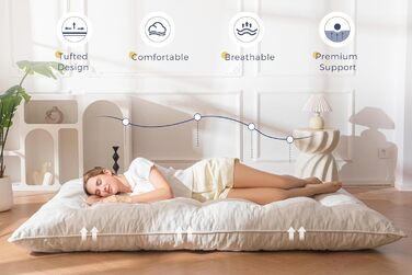 Матрац MAXYOYO футон, тканина шенил, товщина 15 см, може використовуватися як диван-ліжко, виготовлений на ґудзиках, складний гостьовий матрац для вітальні/спальні, кремовий, 135 x 200 см