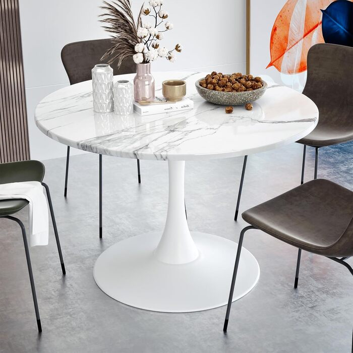 Сучасний круглий обідній стіл, простий обідній стіл для відпочинку, круглий стіл на підставці, бістро-стіл для сніданку на 2-4 особи, журнальний столик, договірний стіл для кухні, їдальні, вітальні та офісу (мармур, 80 см)
