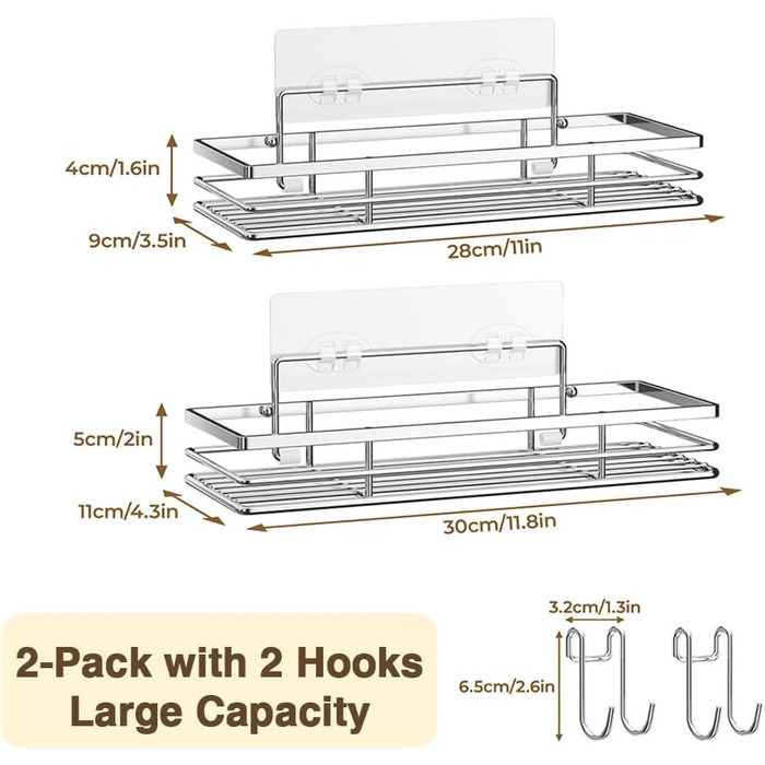 Полиця для душу без свердління, 2 шт., нержавіюча сталь SUS304, клейка полиця для ванної кімнати