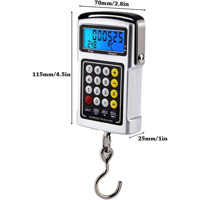 Електронні ваги для рибальських гачків, цифрові підвісні ваги, місткість 50 кг, з підсвічуванням РК-дисплея, 7-дюймовий багатофункціональний пристрій для риболовлі, подорожей, використання, включає температурний годинник, калькулятор, кран