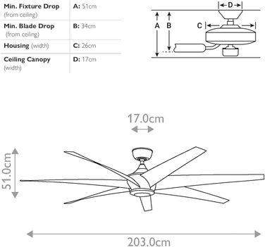 Стельовий вентилятор Elstead Lehr 203 см з 7 лопатями та вбудованим світлодіодним підсвічуванням, античне срібло, пульт дистанційн