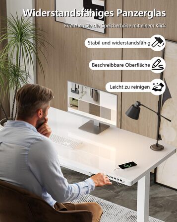 Стіл Homall Glass з регульованою висотою, 120 x 60 см, електричний стіл з регульованою висотою та шухлядою, стіл для домашнього офісу з можливістю сидіти та стояти, білий 120 x 60 см, білий