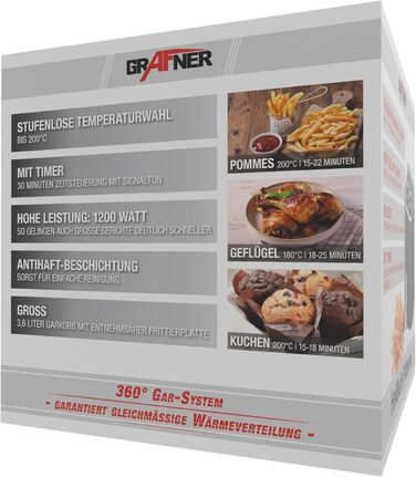 Фритюрниця Grafner XL 3,6 літра, 1200 Вт, система приготування 360, кошик для смаження з антипригарним покриттям, таймер на 30 хвилин, плавне регулювання температури до 200C, фритюрниця без жиру, фритюрниця без олії