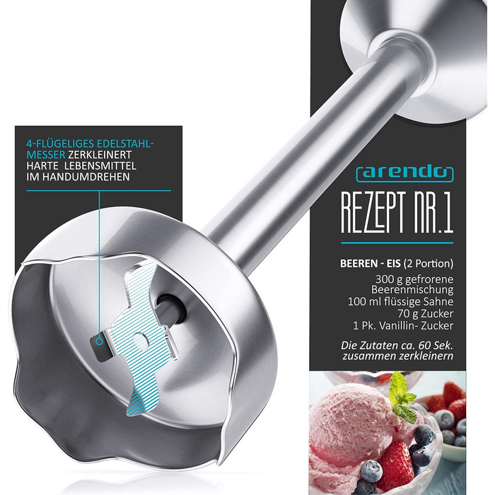 Ручний блендер 1000 Вт - ручний блендер з нержавіючої сталі - блендер - чотирилопатевий ніж - безступінчасте регулювання швидкості