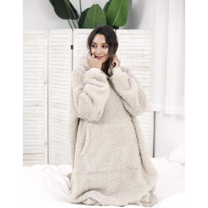 Великогабаритна шерпа-ковдра з капюшоном для чоловіків та жінок, довга зручна шерпа-ковдра, светр, волохатий пуловер, плюшевий, теплий, затишний, універсальний розмір, бежевий