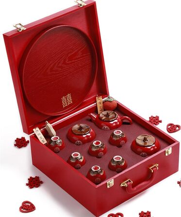 Чайний сервіс Кунгфу Традиційний китайський керамічний набір для чаювання молодят, святковий червоний колір, ідеально підходить для церемонії та весільного святкування