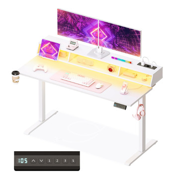 Ігровий стіл OffiGo, стіл з регульованою висотою 140 см, RGB-підсвічуванням та розетками, електричний стіл з 3 відкритими відділеннями для зберігання, тримач для напоїв та навушників, карбонова поверхня білого кольору