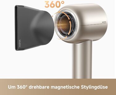 Фен для волосся MOVA Shine 10 швидке сушіння, Moisture Caring Tech, безщітковий двигун 110 000 об/хв, низький рівень шуму, плазмові іони, концентратор, NTC-контроль температури (1000 вимірів/с), для дому, салонів та подорожей, Gold