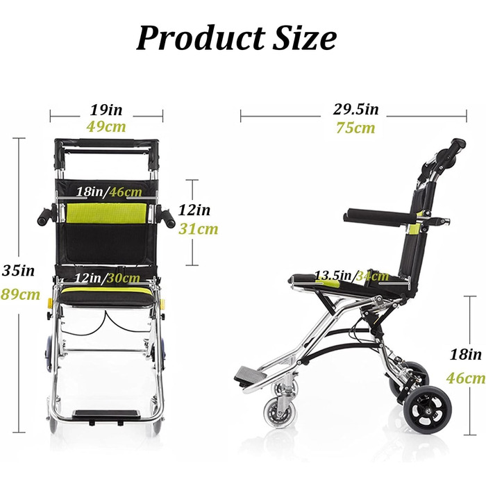 Портативне складне повітряне транспортне крісло з ручним гальмом, надлегкий алюмінієвий візок Tranair, ширина сидіння 12 дюймів, для людей похилого віку, дітей та людей з особливими потребами (лише 1 зелений