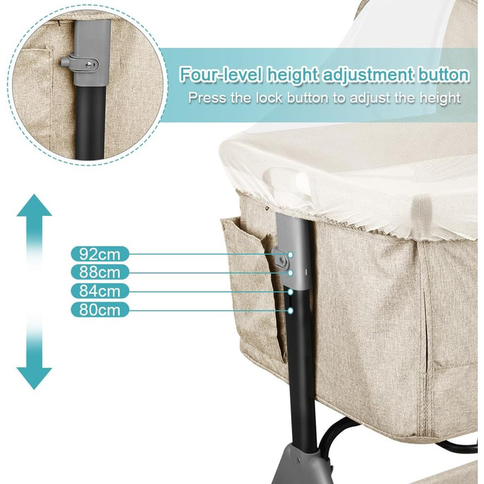 Дитяче ліжечко 3-в-1 приліжкове ліжечко, дитяча колиска та дорожнє ліжечко, 4-рівневе регулювання висоти дитячого ліжечка, що відкидається, дитяче ліжко, колиска для дітей вагою до 25 кг - 104 x 52 x 100-110 см - кремово-білий колір