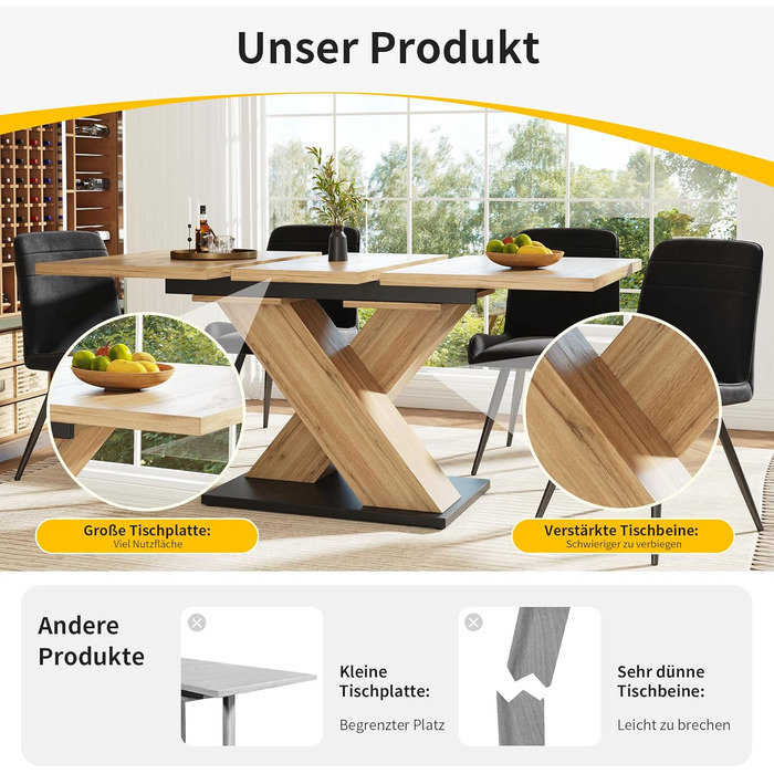 Розсувний дерев&39яний обідній стіл, кухонний стіл 120/160x80x75см, розсувний обідній стіл на 4-6 осіб, опора з алюмінієвого сплаву, розсувний обідній стіл (квадратний, дерево A) Деревина A квадратна