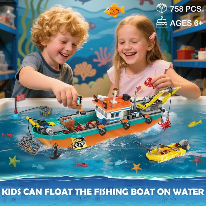 Конструктор HiWEEGO City Fishing Boat Shipyard Boat Construction Kit HG1047, 762 деталі, плавучий човен