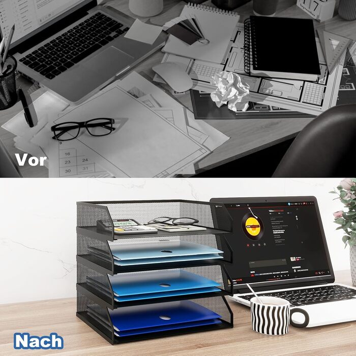 Лоток для документів PUNCIA A4, лоток для листів з 4 металевими відділеннями, органайзер для файлів, лоток для паперу, система для зберігання документів, тримач для документів для офісу, навчання, школи, чорний, 32 x 24,5 x 30 см