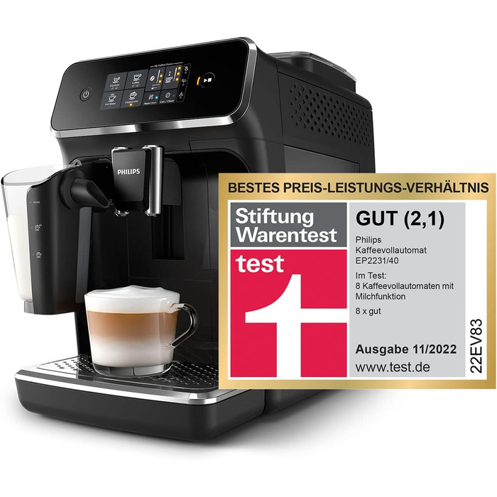 Повністю автоматична кавоварка, 3 кавові делікатеси (молочна система LatteGo) 1500 Вт, 1,8 літра, 37,1 x 24,6 x 43,4 см, рояльний лак чорний Latte Go 3 кавові напої, 2200 Series EP2231/40