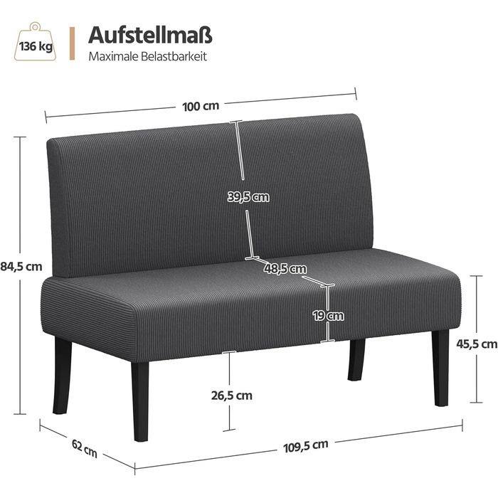 Кухонний диван Yaheetech 2-місний, лава, м&39який диван з вельветової тканини, подвійний диван без підлокітників, тканинний диван, диван-гойдалка для вітальні/передпокою/офісу, сірий