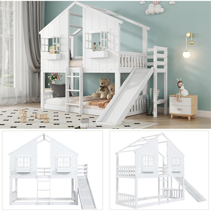 Дитяче двоярусне ліжко 90x200, ліжко-горище, ліжко-будиночок з гіркою, драбиною, вікнами, дахом та ящиком для зберігання, двоярусне ліжко, дерев&39яне ліжко, дитяче ліжко з рейковою основою та поручнями, сосна, без матраца, білий колір