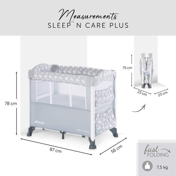 Ліжечко-колиска Hauck Baby Sleep N Care Plus Travel Bed Crib, від народження до 9 кг, з відкидною бічною панеллю, відділенням для зберігання та 2 кишенями, компактно складається, включаючи сумку для перенесення складну основу (Teddy Grey) Sleep N Care Plu