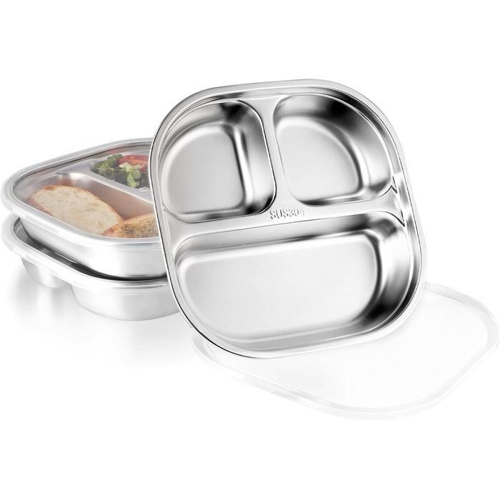 Набір з 3 нержавіючих тарілок з розділеннями та кришками, маленькі 3-секційні підноси для їжі, порційний контроль для дієти, шкільних обідів, домашньої їжі, пікніків та походів
