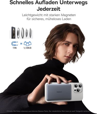 Портативний зовнішній акумулятор Baseus Picogo AM41, ультратонкий зовнішній акумулятор MagSafe ємністю 5000 мАг, швидка зарядка PD 20 Вт, бездротовий, магнітний, з кабелем USB-C для iPhone 17/16/15/14/13/12, колір космічний сірий, 5000 мАг