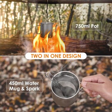 Горщик Lixada Titanium Cup Potty, надлегкий, портативний, підвісний, з кришкою та ручкою, складний, для кемпінгу, активного відпочинку, походів, 900 мл (горщик 750 мл чашка 420 мл та лоток)