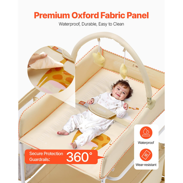 Пеленальний столик VEVOR, складна пеленальна станція з 2 висувними ящиками для тканини, бічним кошиком та вішалкою для одягу, портативний пеленальний столик з регульованою висотою, колесами, що блокуються, та 2 іграшками-зірками, світло-бежевий