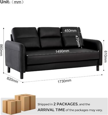 Диван 173 см, Чорні дивани для вітальні, Зручний тканинний диван, 3-місний диван з підлокітниками, 3 подушки та 4 дерев&39яні ніжки, Глибокий диван для відпочинку для домашнього офісу (чорний)