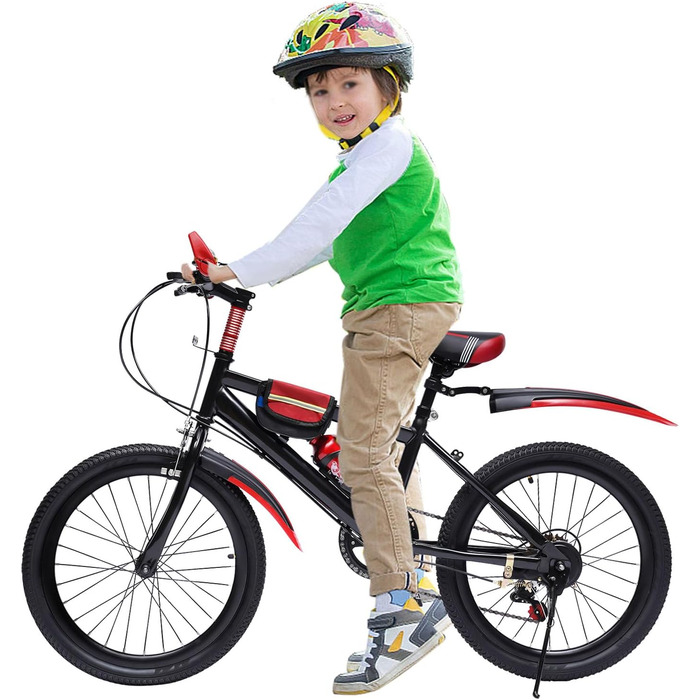 Дюймовий гірський велосипед, вогняно-червоний, рама з вуглецевої сталі, вантажопідйомність 85 кг - дитячий велосипед для дітей віком від 6 років з 7-швидкісною коробкою передач та подвійними V-подібними гальмами, всесезонними шинами, дитячий велосипед для