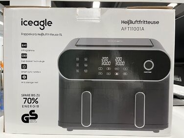 Двокамерна фритюрниця iceagle 11 л - XXL фритюрниця з 2 відділеннями Двозонна фритюрниця, 6 функцій приготування, сенсорний екран, книга рецептів, здорові страви для великої родини Подвійний кошик 11 л