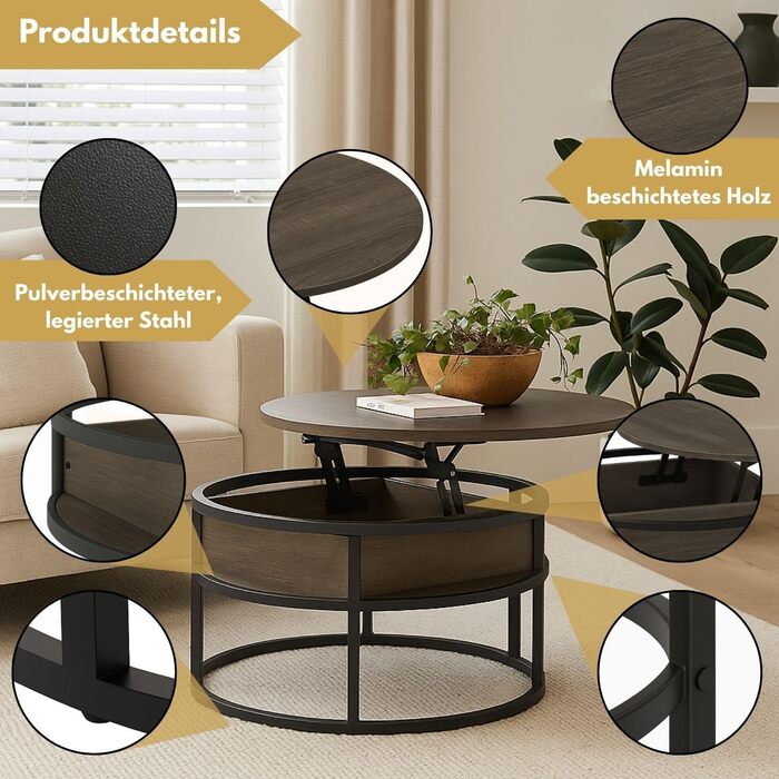 Сірий журнальний столик-гойдалка з регульованою стільницею та прихованим відділенням для зберігання, метал та дерево, бічний столик для вітальні, круглий диванний столик з місцем для зберігання, сучасний металевий стіл, столик для дивана