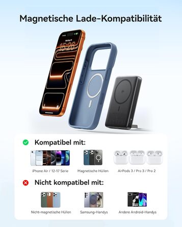 Найтонший магнітний портативний зарядний пристрій ємністю 10000 мАг, сертифікований Qi2, потужністю 15 Вт, надшвидкі зовнішні акумулятори для телефону потужністю 45 Вт з кабелем USB-C, портативний зарядний пристрій із підставкою лише для iPhone 17, 16, 15