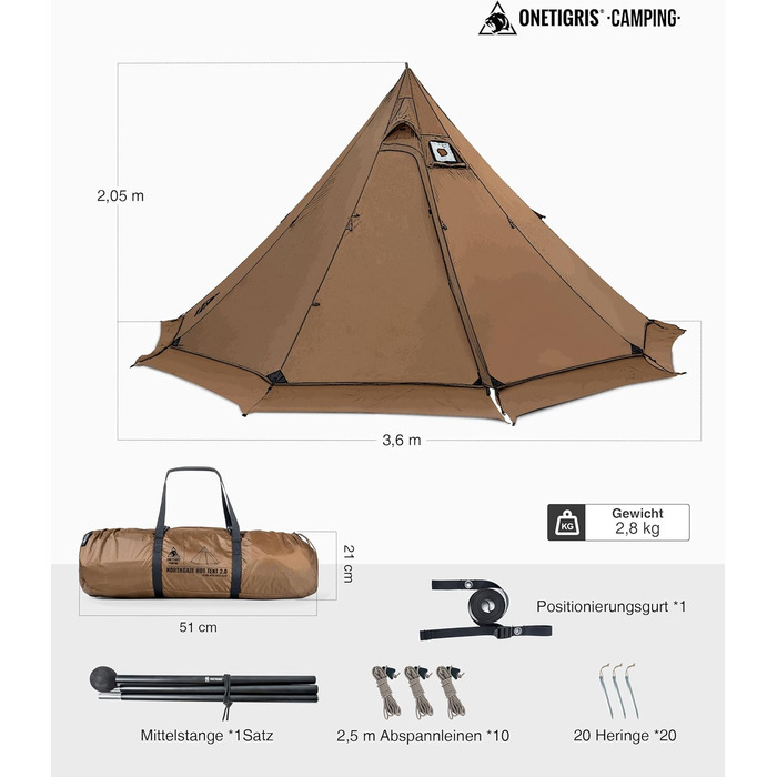 Намет OneTigris NORTHGAZE 2.0 Tipi для 2-4 осіб, кемпінговий намет на 4 сезони, водонепроникний, пірамідальний, 3000 мм (нейлон)