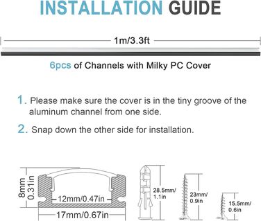 Чорний профіль світлодіодної стрічки, світлодіодний алюмінієвий канал 3,3 фута/1 м Чорний світлодіодний профіль з молочно-білою кришкою, торцеві кришки для монтажних затискачів Алюмінієві екструзійні роз'єми 90 градусів для світлодіодних стрічок 6 шт. -U-