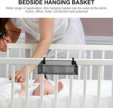 Підвісний кошик для зберігання речей для органайзера біля ліжка з гачками, металевий, чорний, універсальний підвісний кошик для гуртожитку, спальні та офісу, 12x12x9 см, чорний, 27.00x12.00x9.00 см